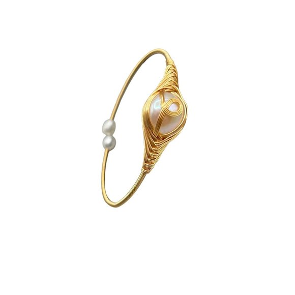 Wire Wrapped Pearls Bracelet Gold Tone Wire and Genuine Pearls Bangle Cuff - Picture 1 of 7